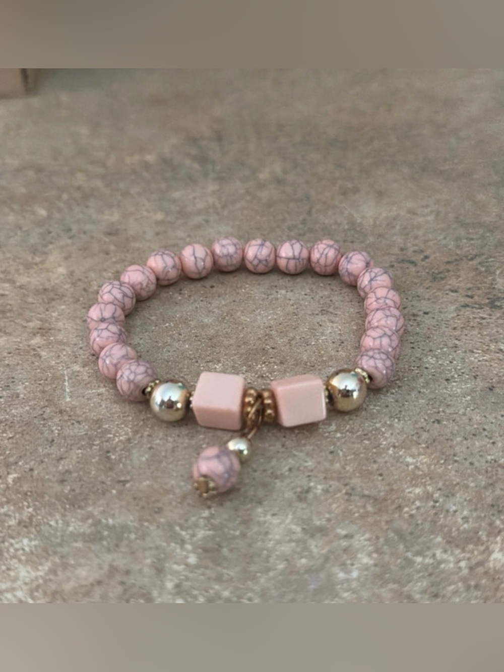 Handmade Blush Pink Beaded Stretch Bracelet with Gold Accents